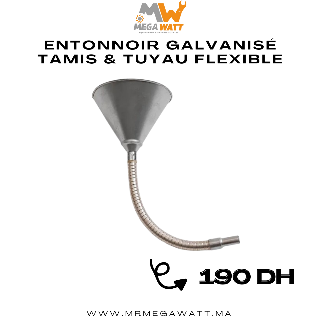 Entonnoir en acier, avec tamis et tuyau flexible, galvanisé